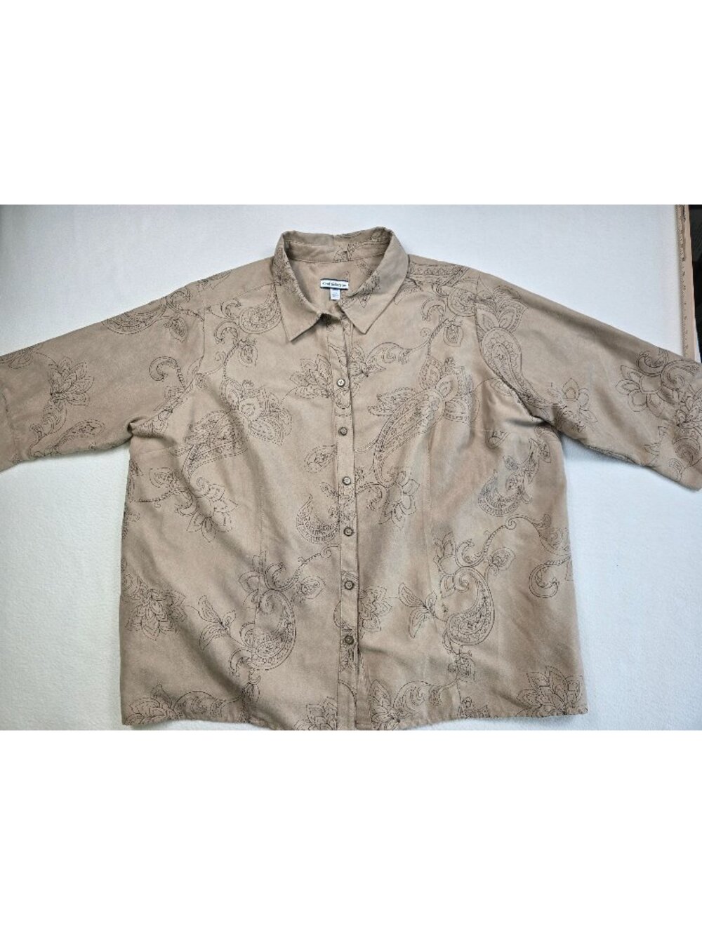 Croft & Barrow Womens 3X Paisley Button-Up Shirt Beige Microsuede 3/4 Sleeves